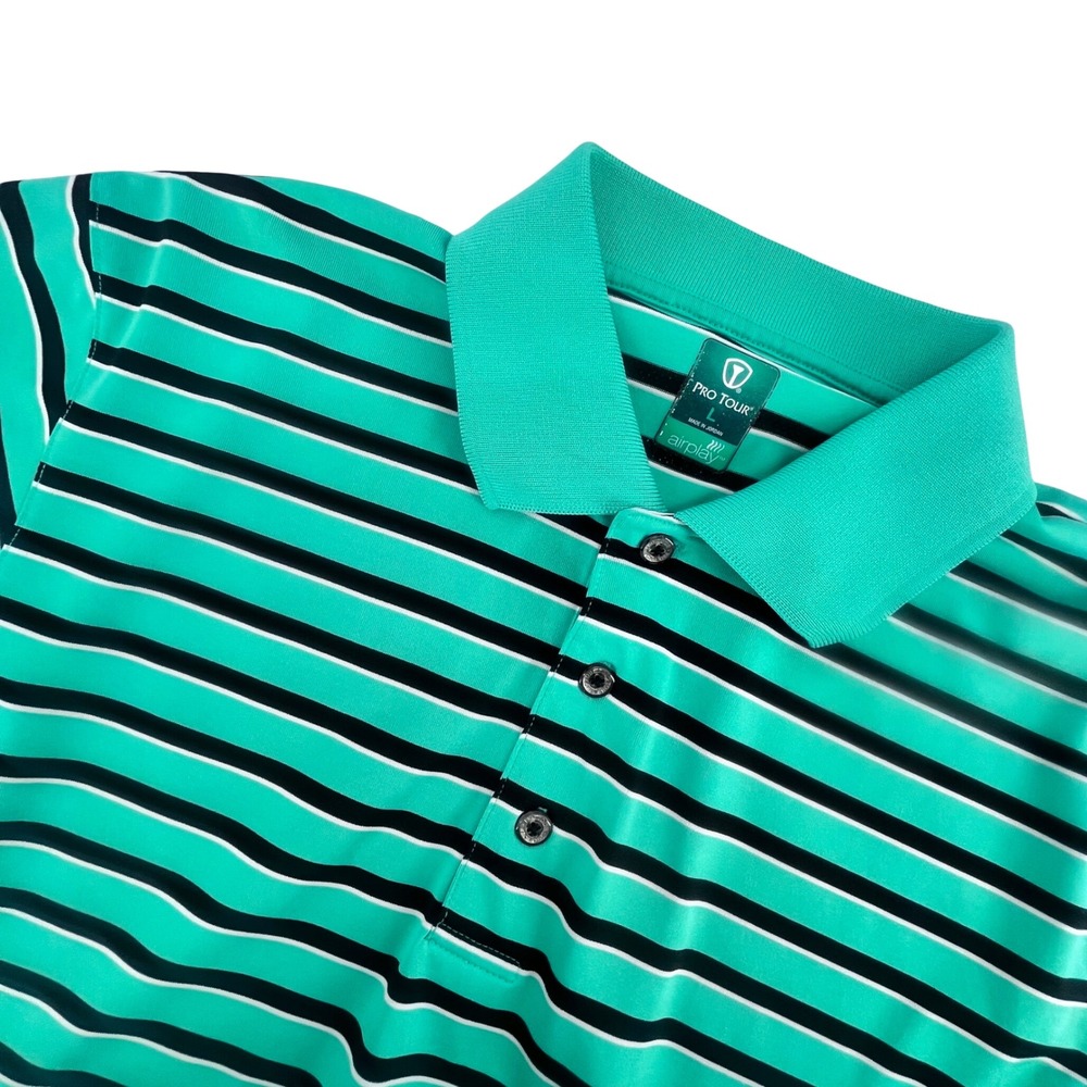 Pro Tour Polo Shirt Mens Large Green Striped Airplay Golf Performance Activewear